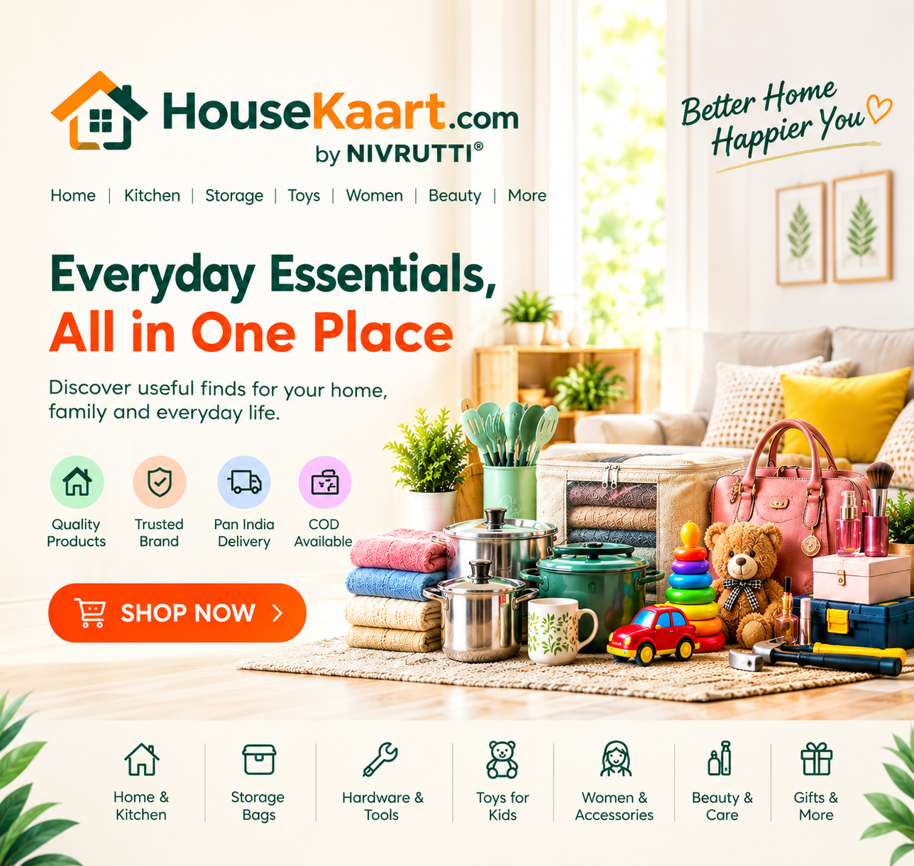 HouseKaart homepage banner featuring home, kitchen, storage, toys, accessories, beauty and hardware categories
