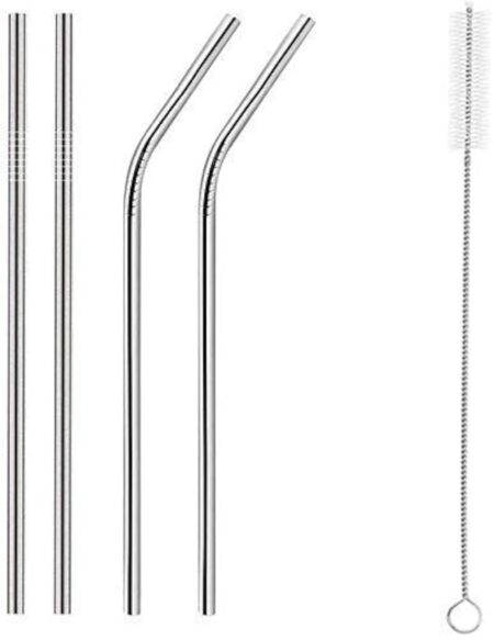 Reusable Stainless Steel Straws for Kids & Adults Metal Straws with Cleaning Brush, Long Sipper Straws for Juice & Drinks Pack of 2