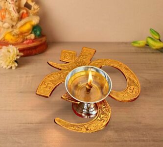 Decorative Om Diya with Red Velvet Box, Traditional Golden Brass Design, Diwali Gift, Corporate Return Gift, 10.0 cm (Om Diya -1 pc) - Image 5