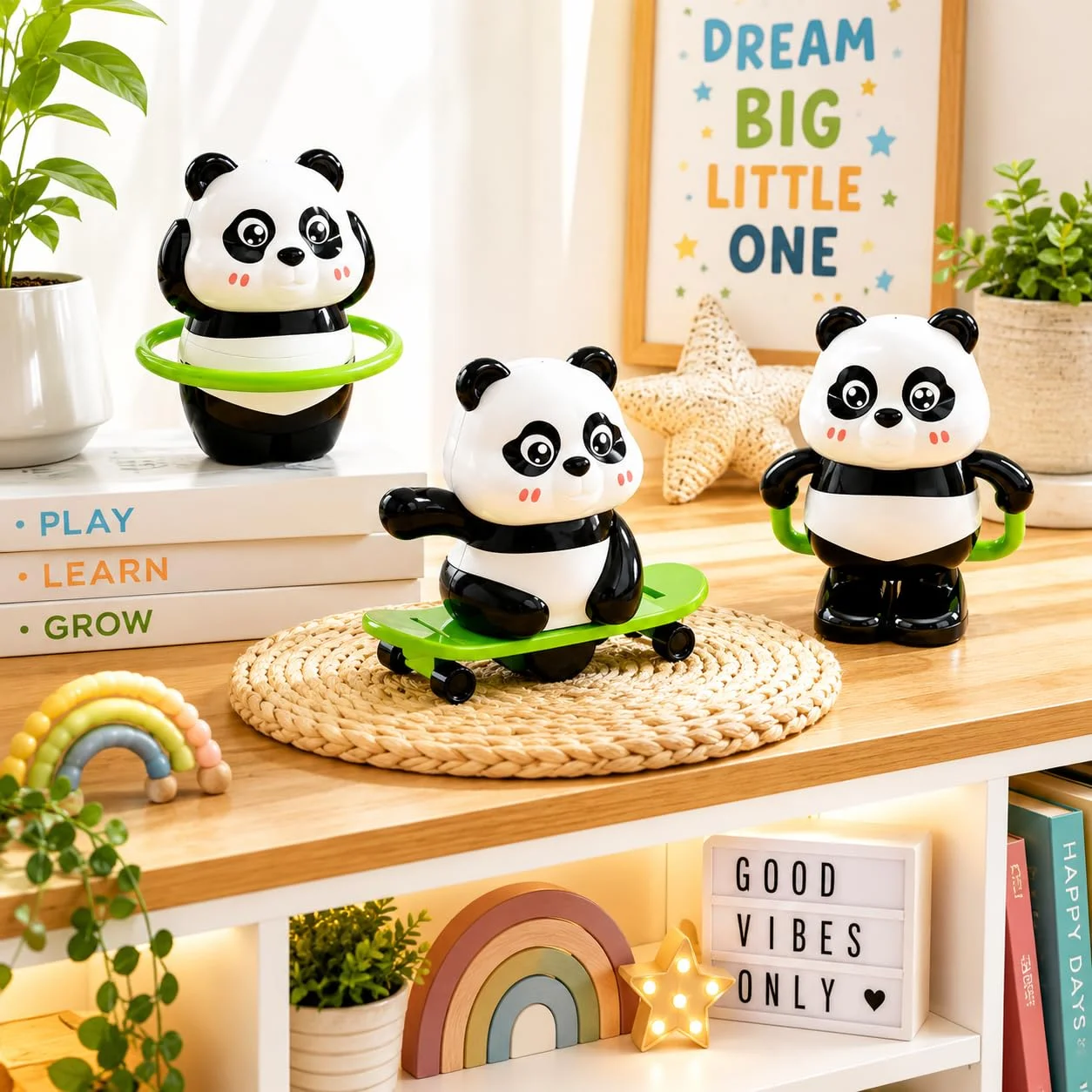 Panda action toy set with hula hoop skateboard and standing panda